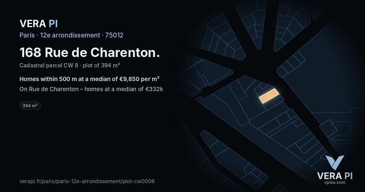 168 Rue de Charenton, 12e arrondissement at night – the plot lit, the parcels around coloured by the prices near them