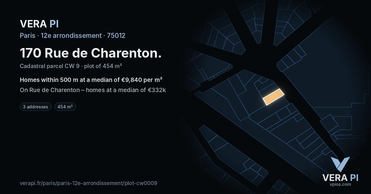 170 Rue de Charenton, 12e arrondissement at night – the plot lit, the parcels around coloured by the prices near them