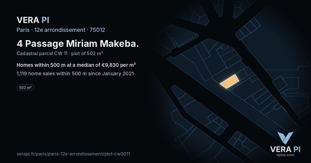 4 Passage Miriam Makeba, 12e arrondissement at night – the plot lit, the parcels around coloured by the prices near them