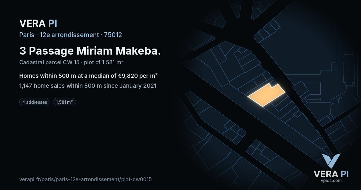 3 Passage Miriam Makeba, 12e arrondissement at night – the plot lit, the parcels around coloured by the prices near them