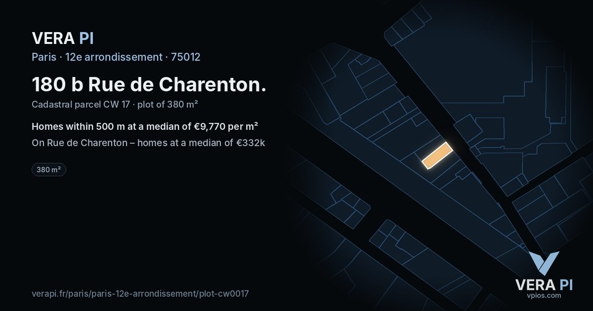 180 b Rue de Charenton, 12e arrondissement at night – the plot lit, the parcels around coloured by the prices near them