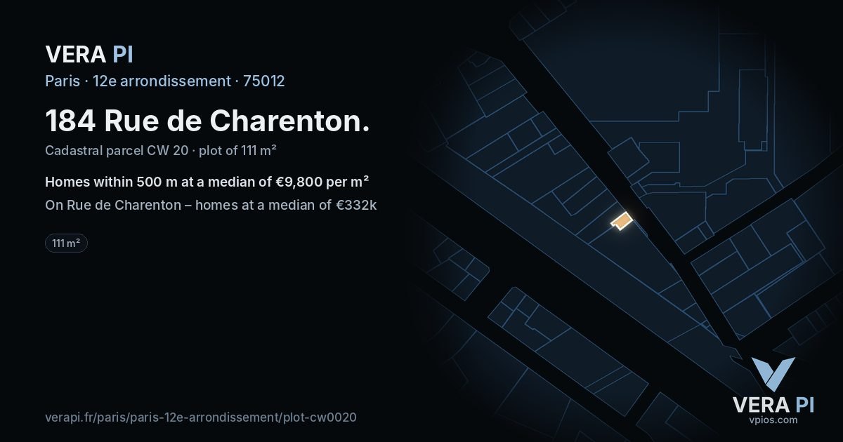 184 Rue de Charenton, 12e arrondissement at night – the plot lit, the parcels around coloured by the prices near them