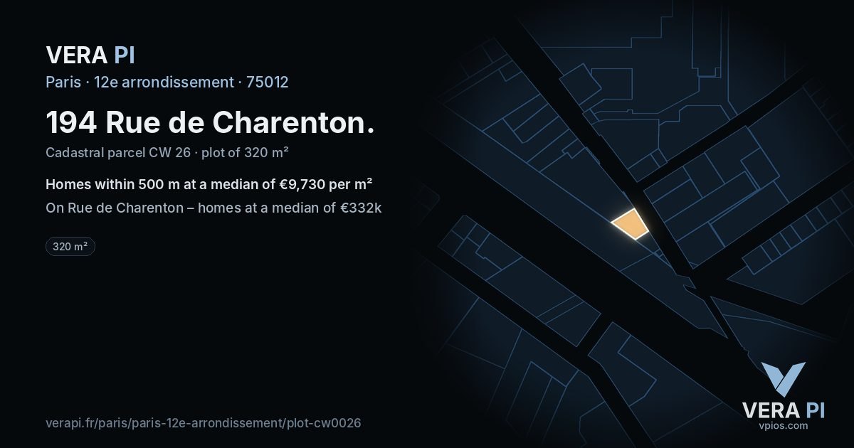 194 Rue de Charenton, 12e arrondissement at night – the plot lit, the parcels around coloured by the prices near them