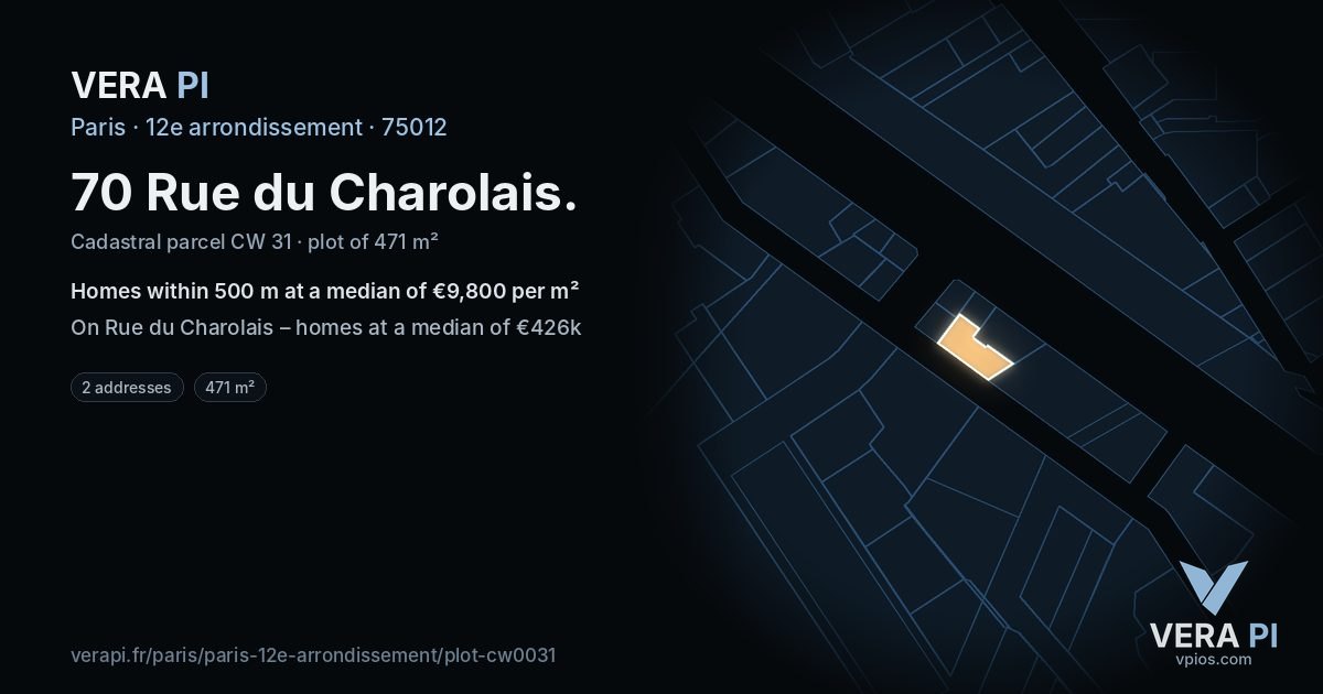 70 Rue du Charolais, 12e arrondissement at night – the plot lit, the parcels around coloured by the prices near them
