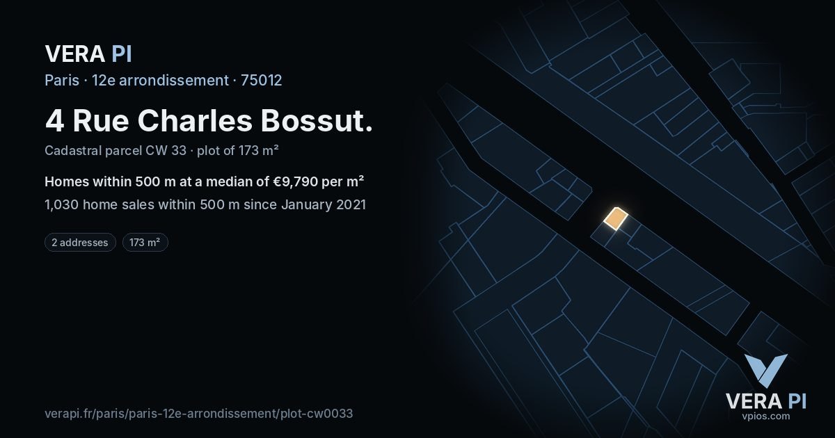 4 Rue Charles Bossut, 12e arrondissement at night – the plot lit, the parcels around coloured by the prices near them