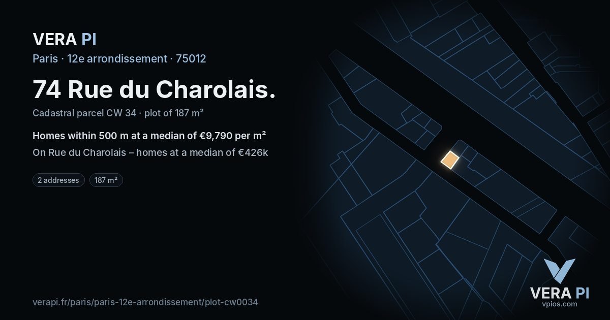 74 Rue du Charolais, 12e arrondissement at night – the plot lit, the parcels around coloured by the prices near them