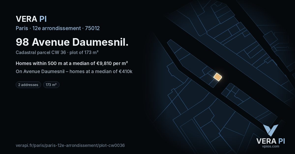 98 Avenue Daumesnil, 12e arrondissement at night – the plot lit, the parcels around coloured by the prices near them