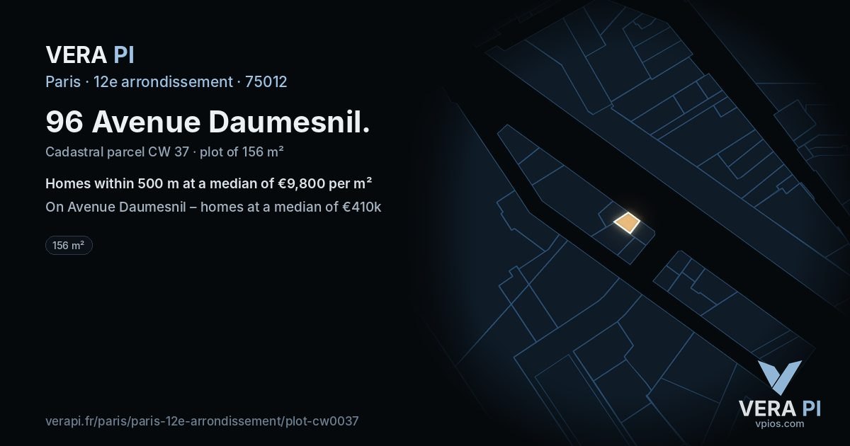 96 Avenue Daumesnil, 12e arrondissement at night – the plot lit, the parcels around coloured by the prices near them