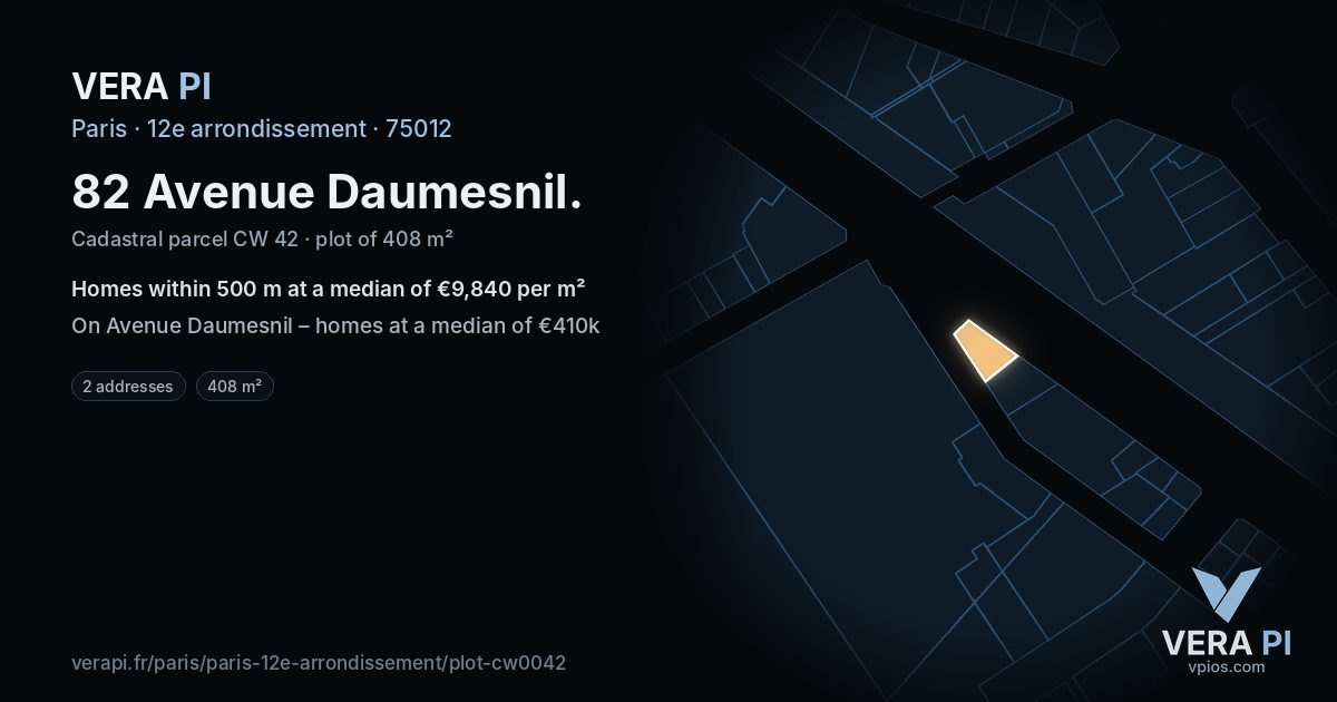 82 Avenue Daumesnil, 12e arrondissement at night – the plot lit, the parcels around coloured by the prices near them
