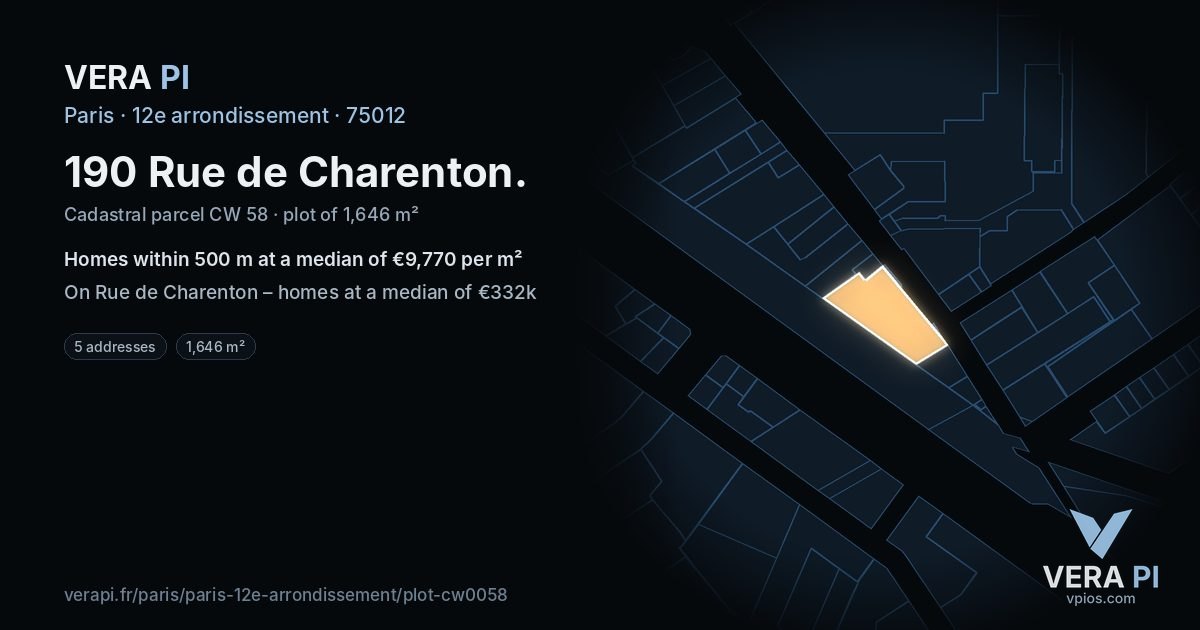 190 Rue de Charenton, 12e arrondissement at night – the plot lit, the parcels around coloured by the prices near them