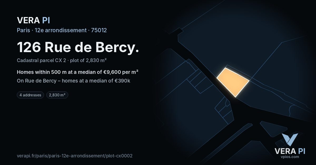 126 Rue de Bercy, 12e arrondissement at night – the plot lit, the parcels around coloured by the prices near them