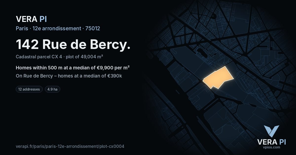 142 Rue de Bercy, 12e arrondissement at night – the plot lit, the parcels around coloured by the prices near them