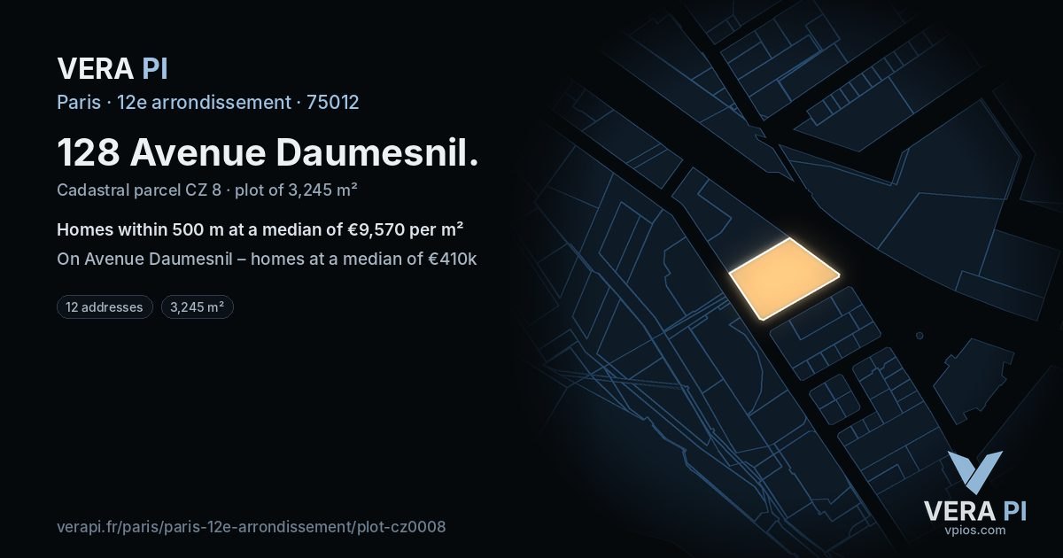 128 Avenue Daumesnil, 12e arrondissement at night – the plot lit, the parcels around coloured by the prices near them