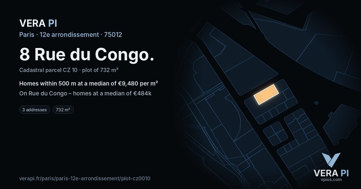 8 Rue du Congo, 12e arrondissement at night – the plot lit, the parcels around coloured by the prices near them
