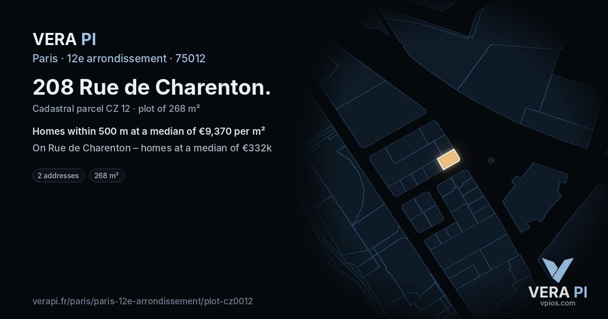 208 Rue de Charenton, 12e arrondissement at night – the plot lit, the parcels around coloured by the prices near them