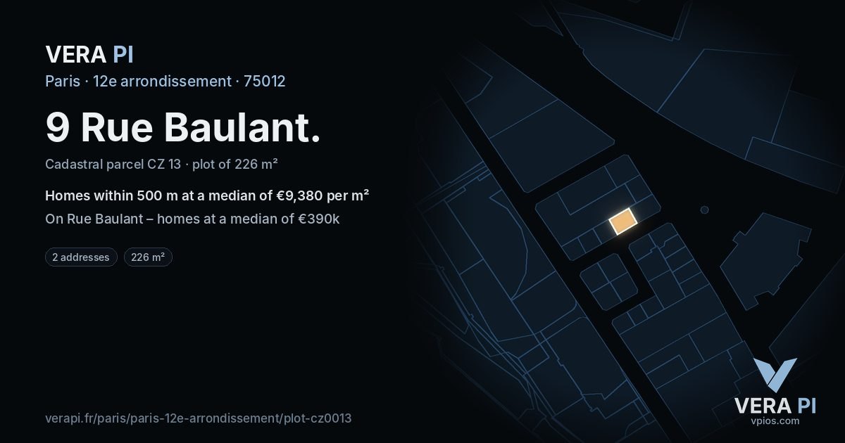 9 Rue Baulant, 12e arrondissement at night – the plot lit, the parcels around coloured by the prices near them