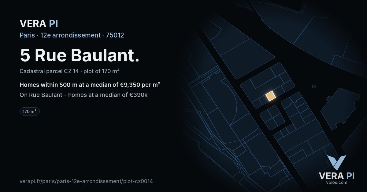 5 Rue Baulant, 12e arrondissement at night – the plot lit, the parcels around coloured by the prices near them