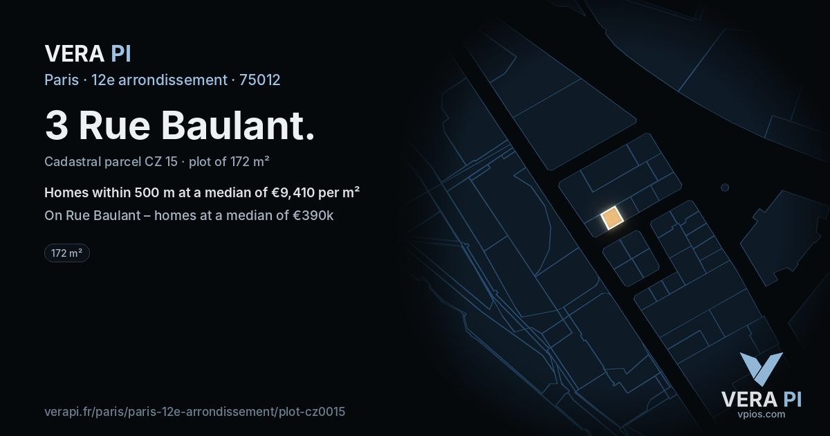 3 Rue Baulant, 12e arrondissement at night – the plot lit, the parcels around coloured by the prices near them