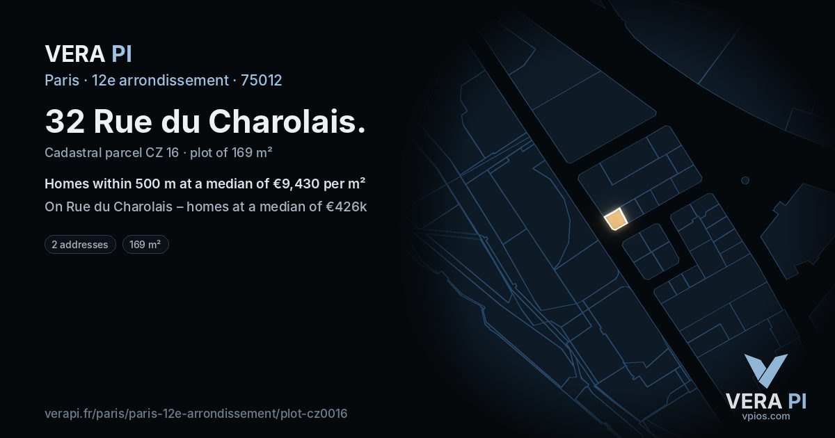 32 Rue du Charolais, 12e arrondissement at night – the plot lit, the parcels around coloured by the prices near them