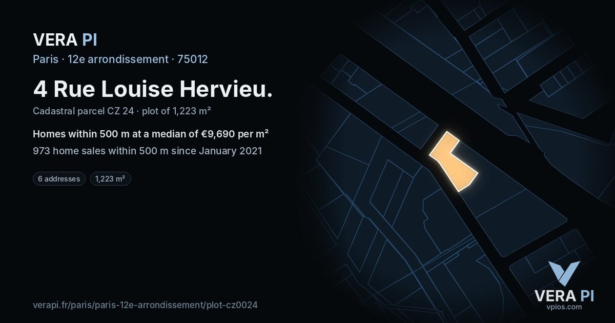 4 Rue Louise Hervieu, 12e arrondissement at night – the plot lit, the parcels around coloured by the prices near them