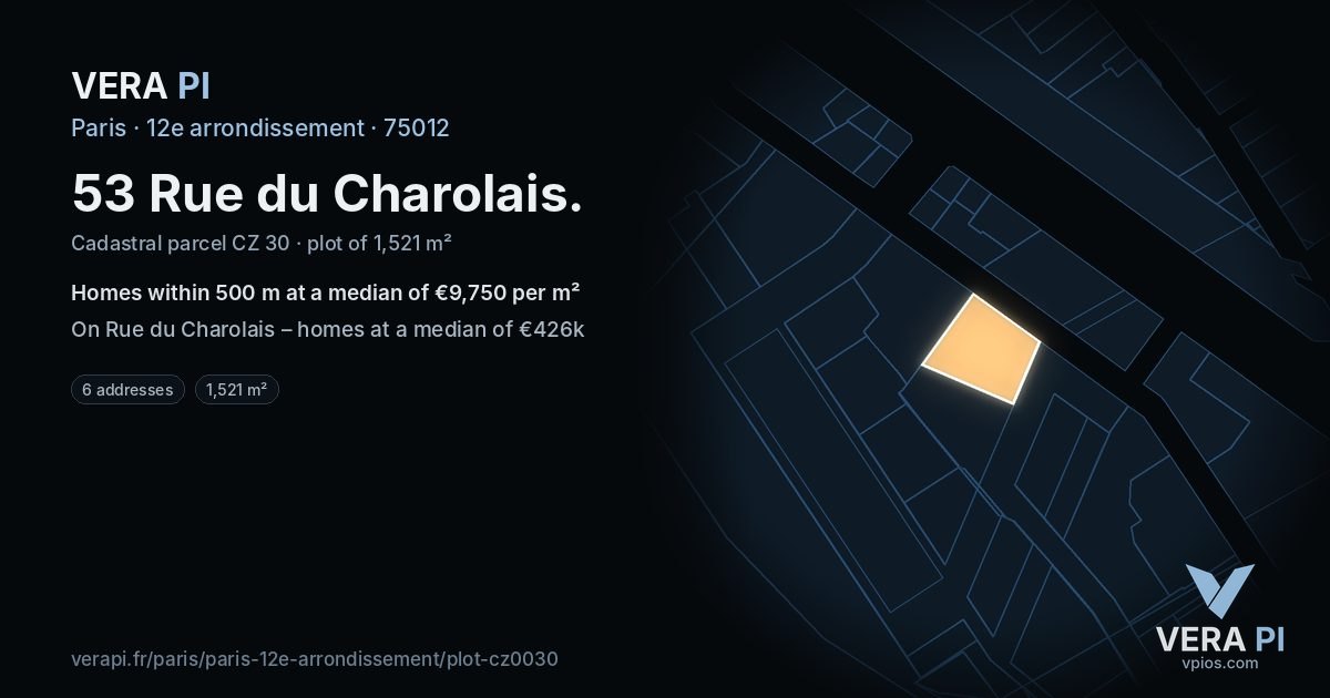 53 Rue du Charolais, 12e arrondissement at night – the plot lit, the parcels around coloured by the prices near them