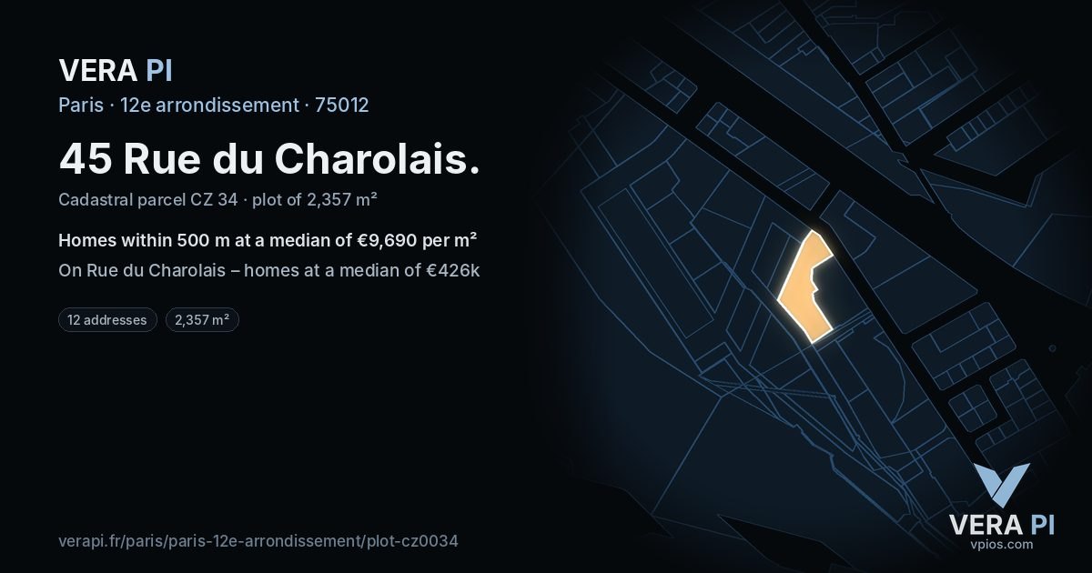 45 Rue du Charolais, 12e arrondissement at night – the plot lit, the parcels around coloured by the prices near them