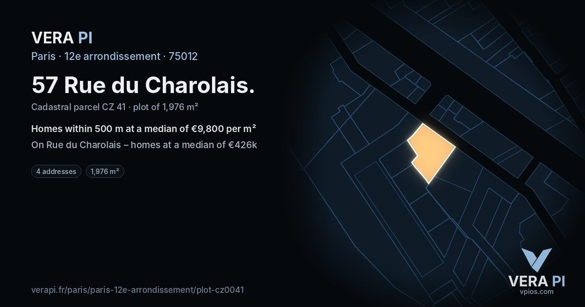 57 Rue du Charolais, 12e arrondissement at night – the plot lit, the parcels around coloured by the prices near them