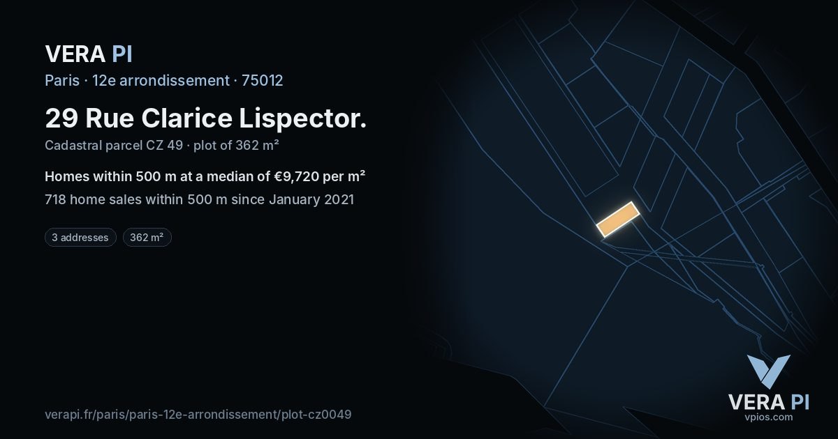 29 Rue Clarice Lispector, 12e arrondissement at night – the plot lit, the parcels around coloured by the prices near them