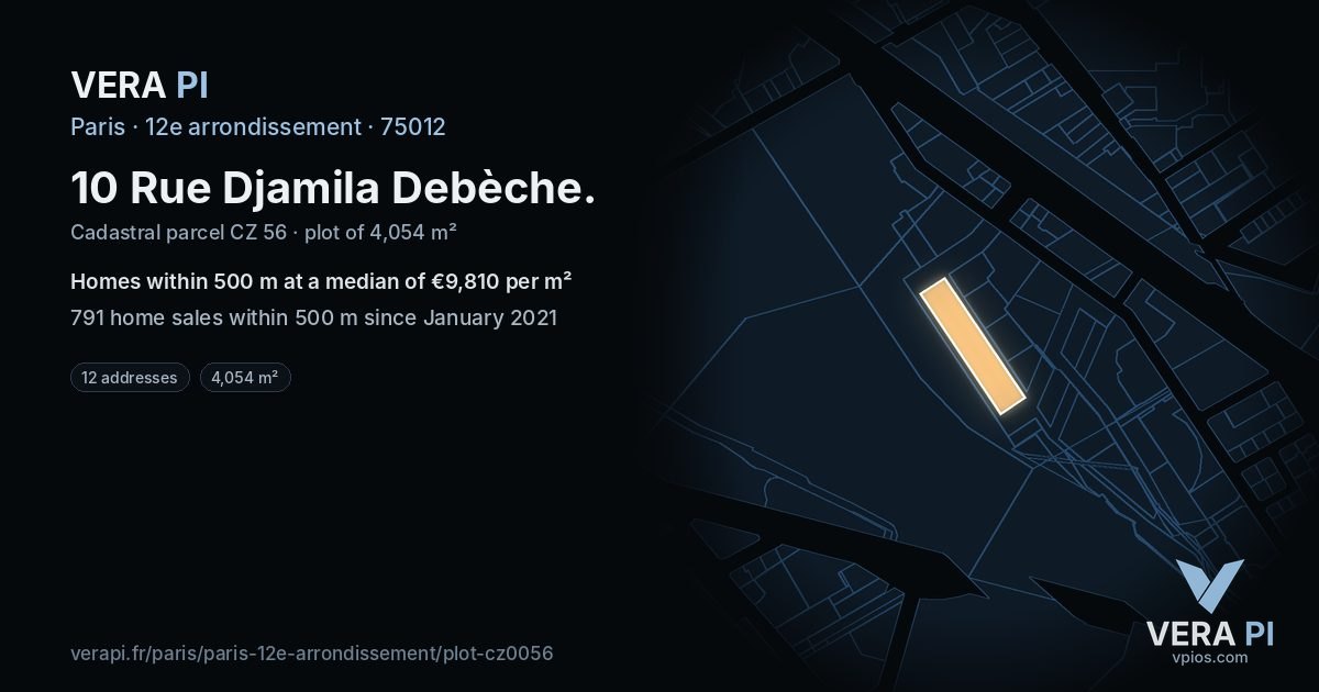 10 Rue Djamila Debèche, 12e arrondissement at night – the plot lit, the parcels around coloured by the prices near them