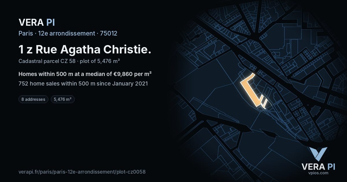 1 z Rue Agatha Christie, 12e arrondissement at night – the plot lit, the parcels around coloured by the prices near them