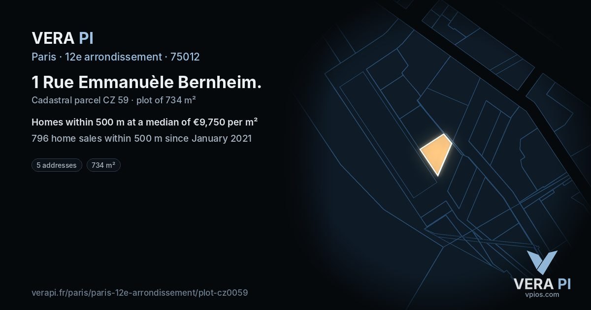 1 Rue Emmanuèle Bernheim, 12e arrondissement at night – the plot lit, the parcels around coloured by the prices near them