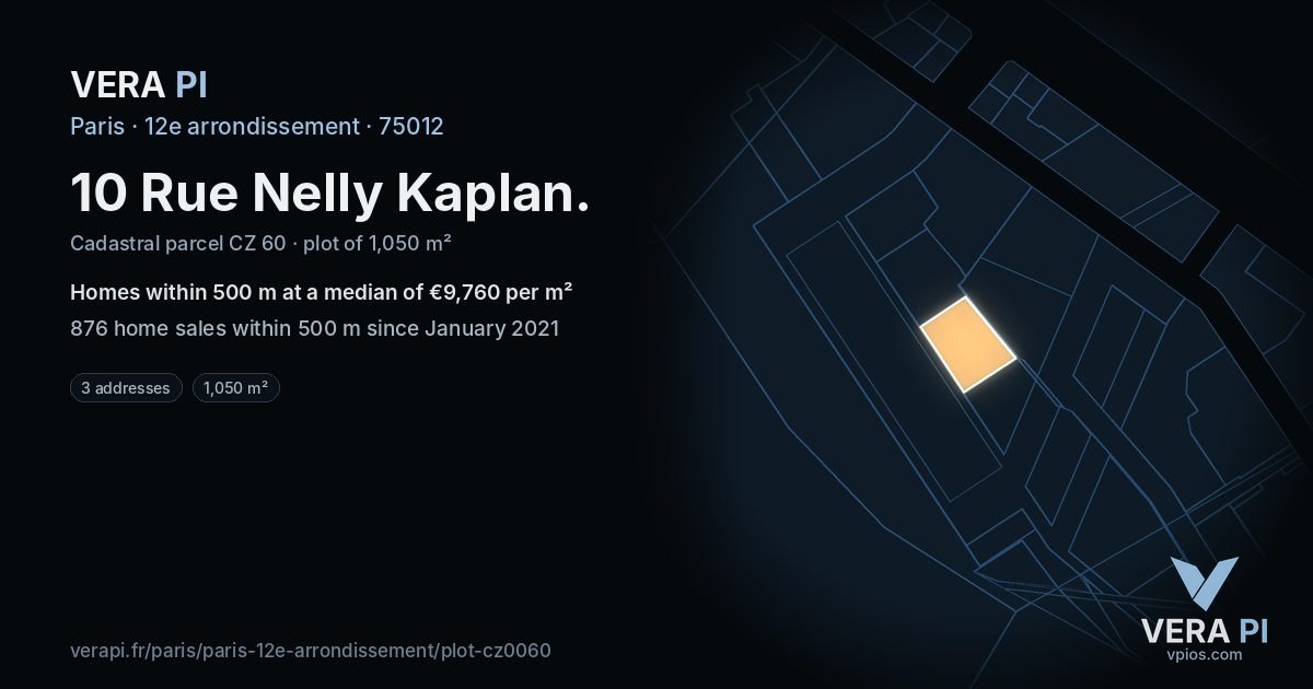 10 Rue Nelly Kaplan, 12e arrondissement at night – the plot lit, the parcels around coloured by the prices near them