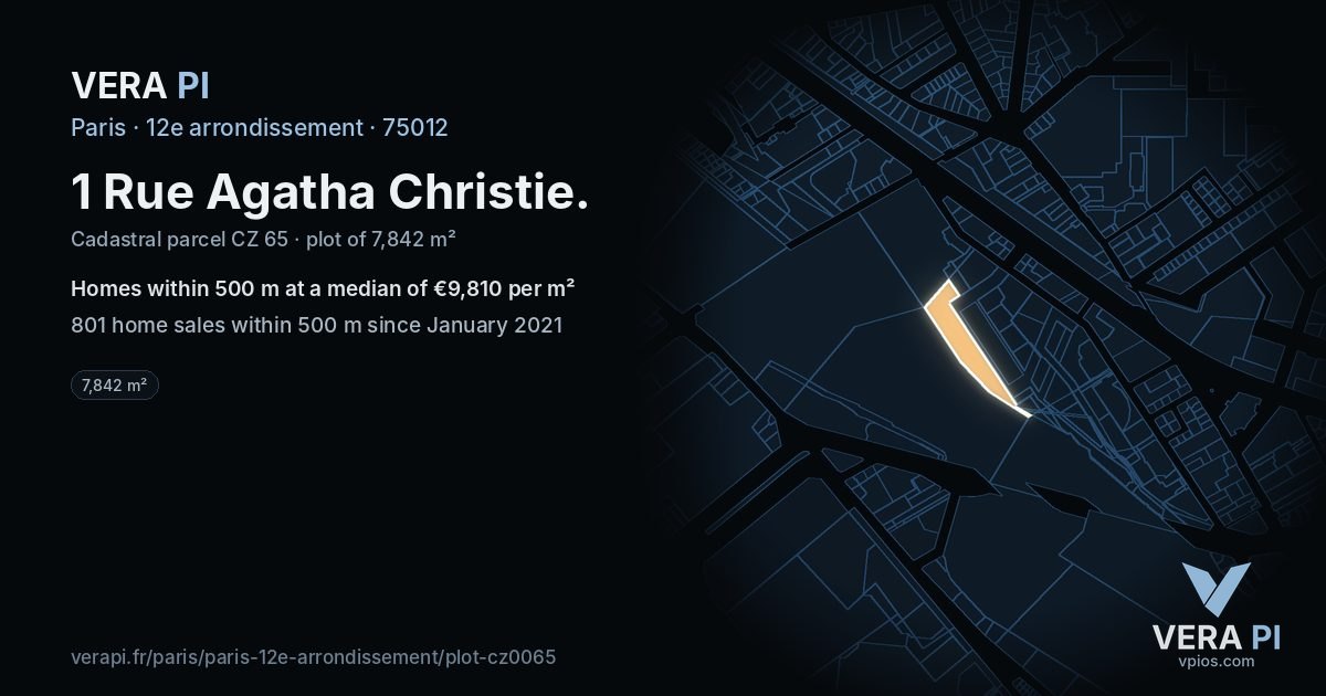 1 Rue Agatha Christie, 12e arrondissement at night – the plot lit, the parcels around coloured by the prices near them