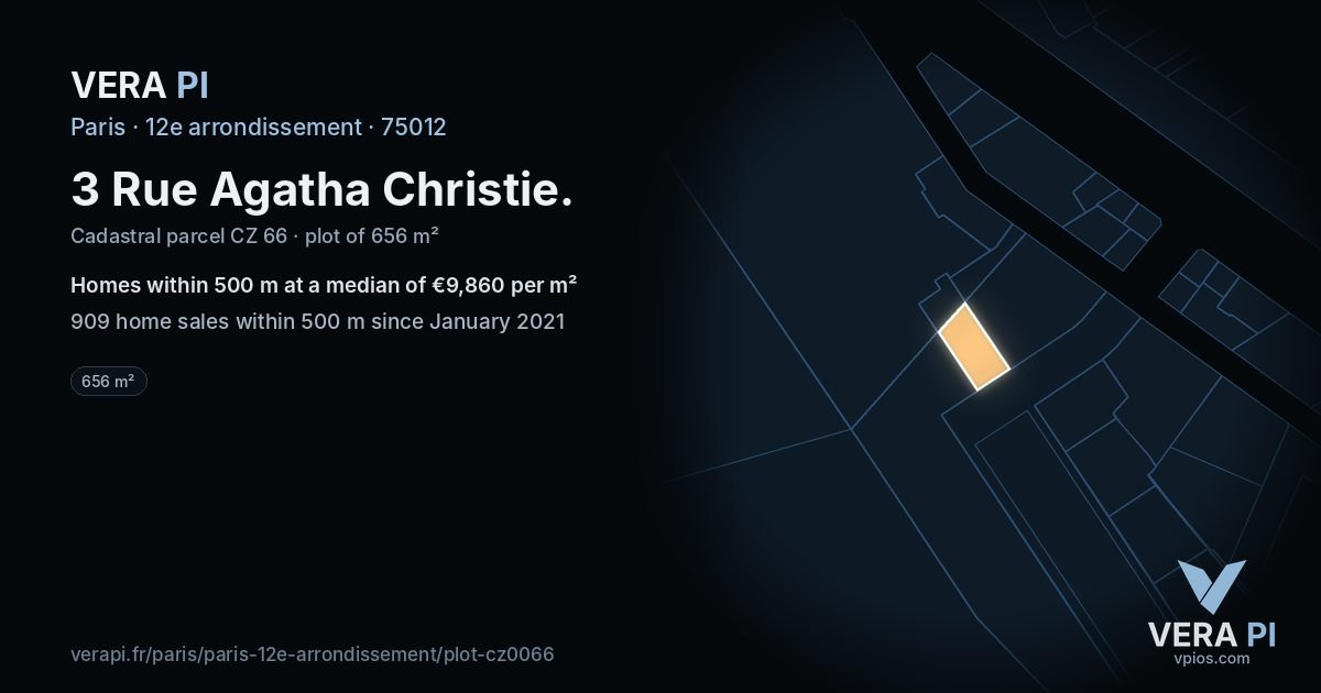 3 Rue Agatha Christie, 12e arrondissement at night – the plot lit, the parcels around coloured by the prices near them