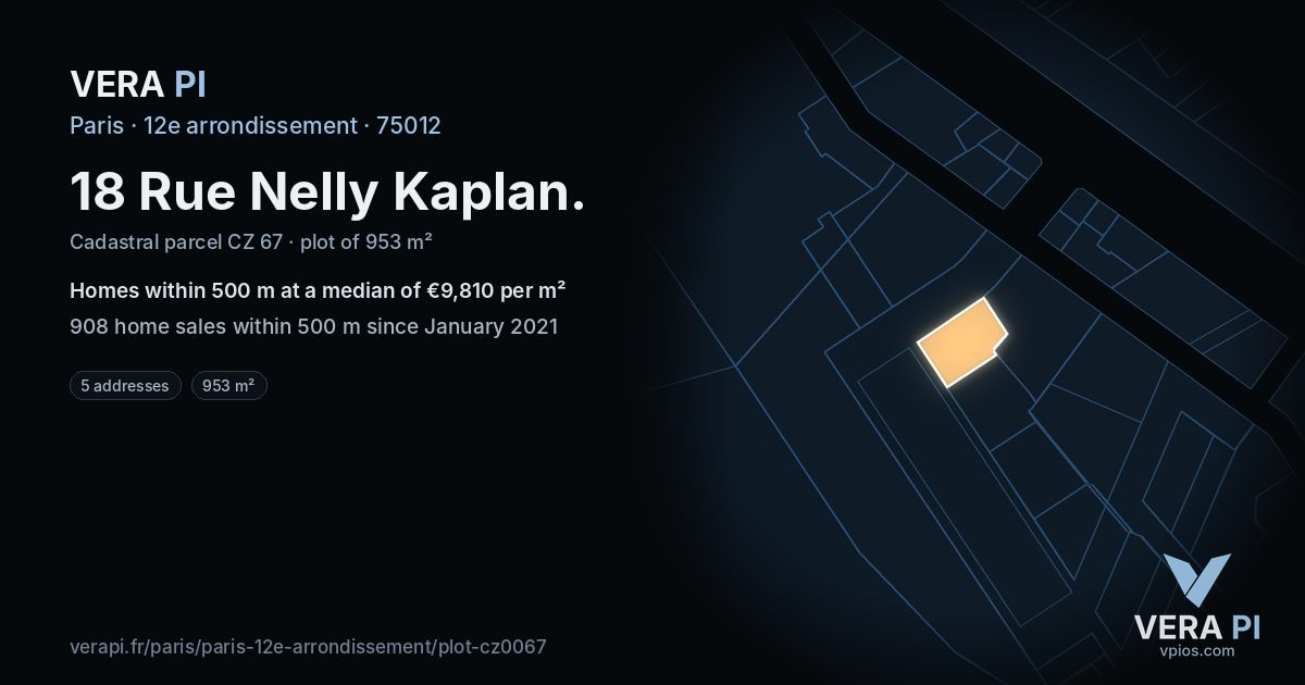 18 Rue Nelly Kaplan, 12e arrondissement at night – the plot lit, the parcels around coloured by the prices near them