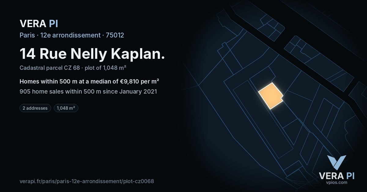 14 Rue Nelly Kaplan, 12e arrondissement at night – the plot lit, the parcels around coloured by the prices near them