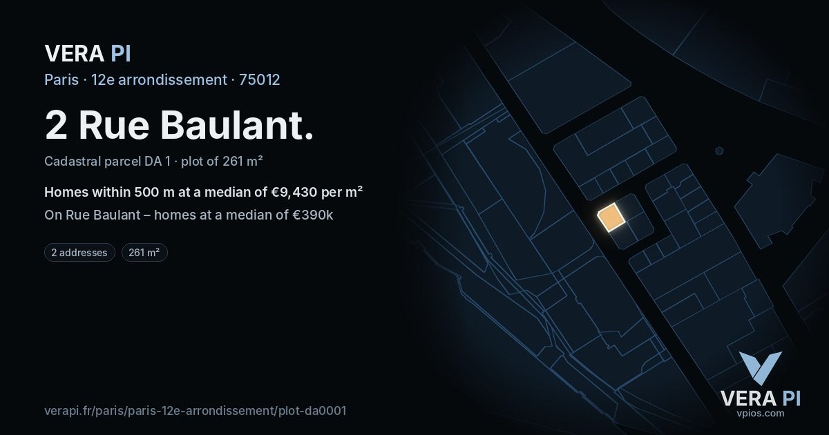 2 Rue Baulant, 12e arrondissement at night – the plot lit, the parcels around coloured by the prices near them