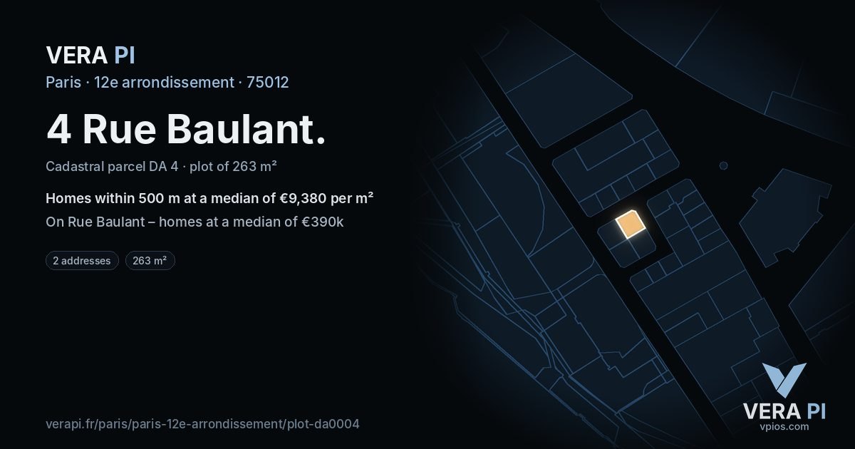 4 Rue Baulant, 12e arrondissement at night – the plot lit, the parcels around coloured by the prices near them