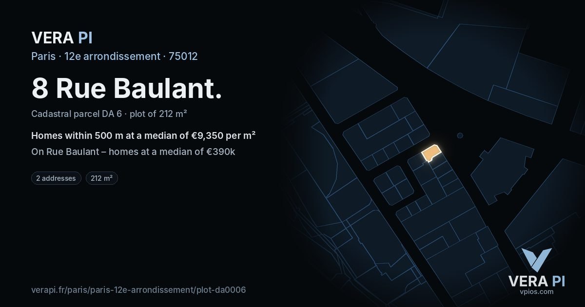 8 Rue Baulant, 12e arrondissement at night – the plot lit, the parcels around coloured by the prices near them