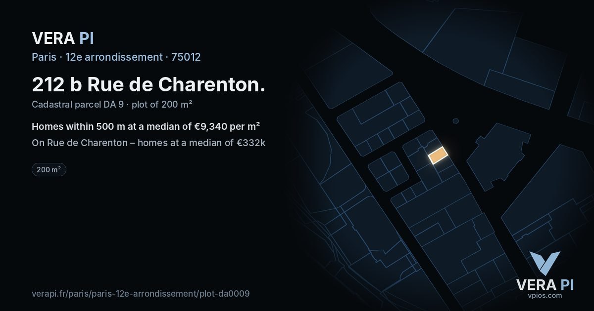 212 b Rue de Charenton, 12e arrondissement at night – the plot lit, the parcels around coloured by the prices near them
