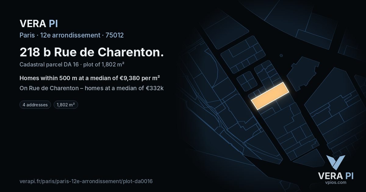 218 b Rue de Charenton, 12e arrondissement at night – the plot lit, the parcels around coloured by the prices near them