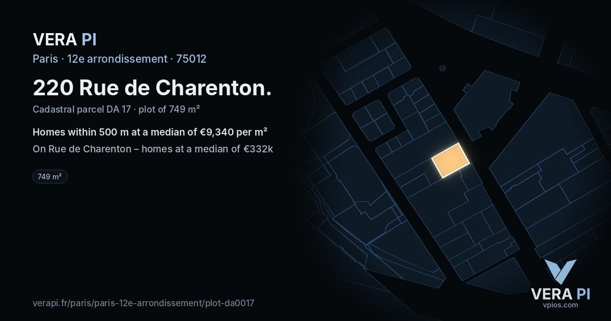 220 Rue de Charenton, 12e arrondissement at night – the plot lit, the parcels around coloured by the prices near them