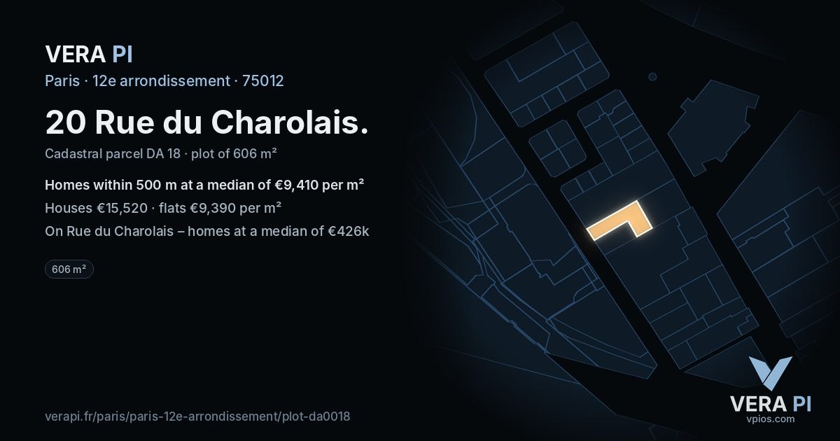20 Rue du Charolais, 12e arrondissement at night – the plot lit, the parcels around coloured by the prices near them