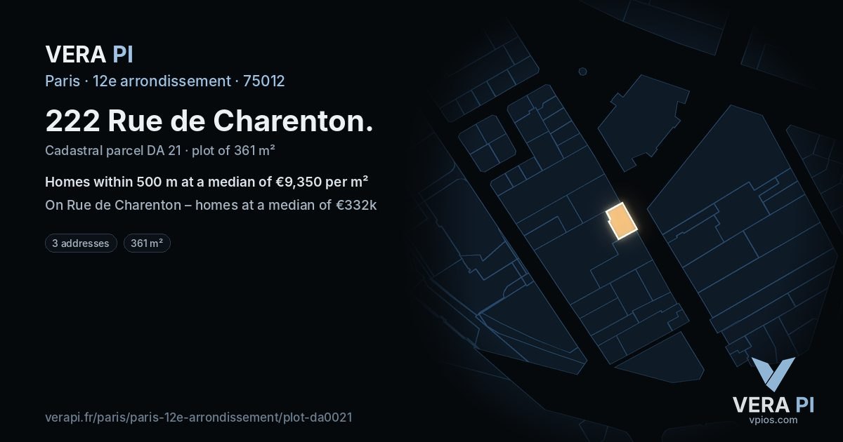 222 Rue de Charenton, 12e arrondissement at night – the plot lit, the parcels around coloured by the prices near them