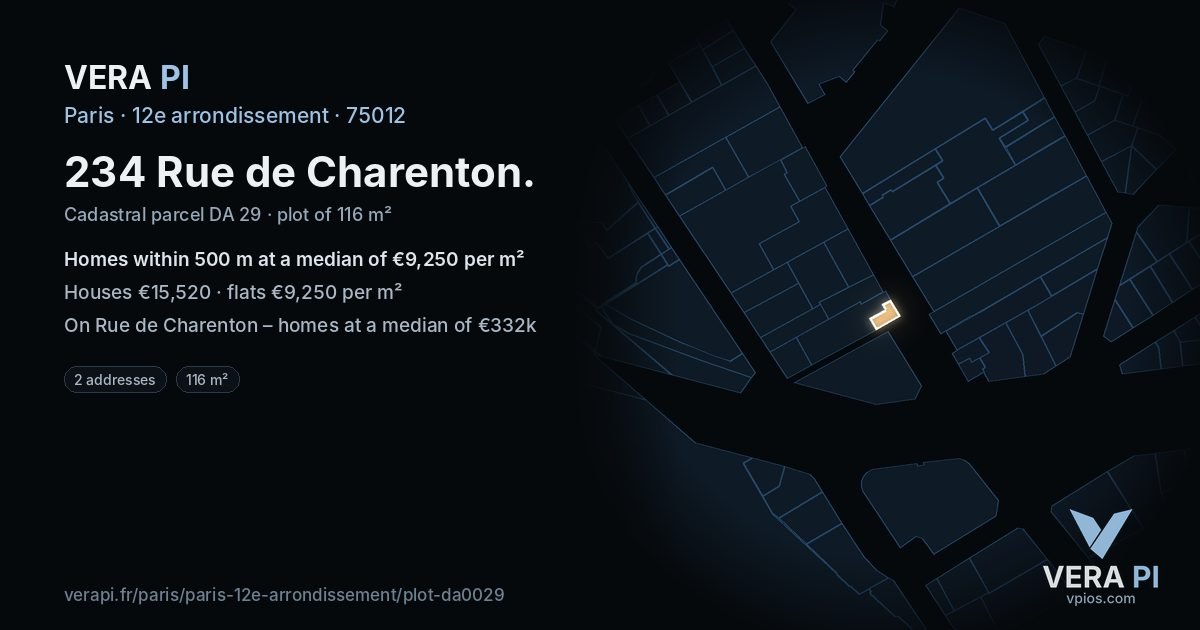 234 Rue de Charenton, 12e arrondissement at night – the plot lit, the parcels around coloured by the prices near them