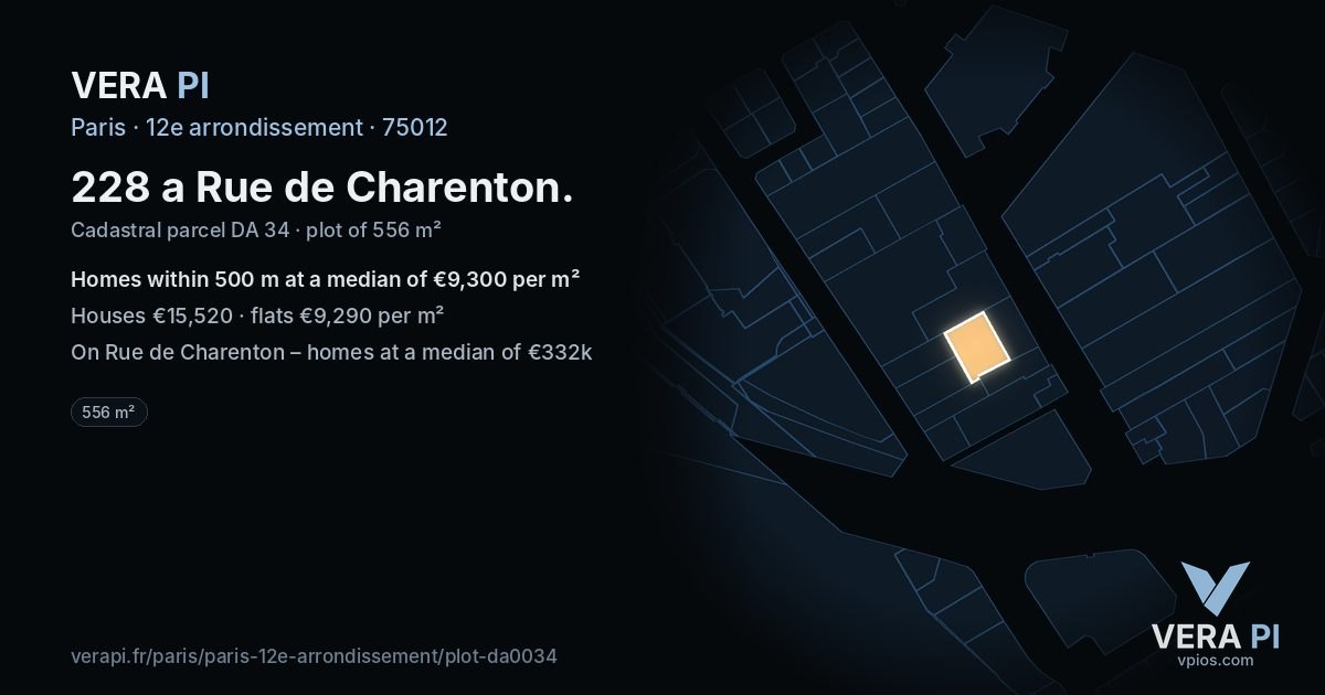 228 a Rue de Charenton, 12e arrondissement at night – the plot lit, the parcels around coloured by the prices near them