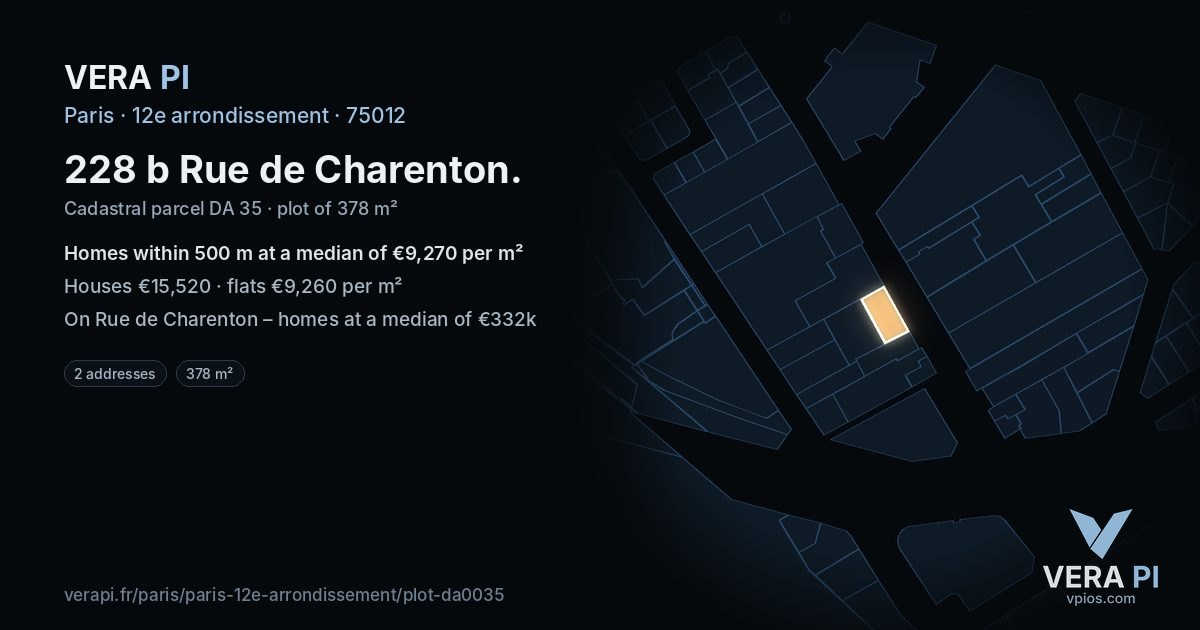 228 b Rue de Charenton, 12e arrondissement at night – the plot lit, the parcels around coloured by the prices near them