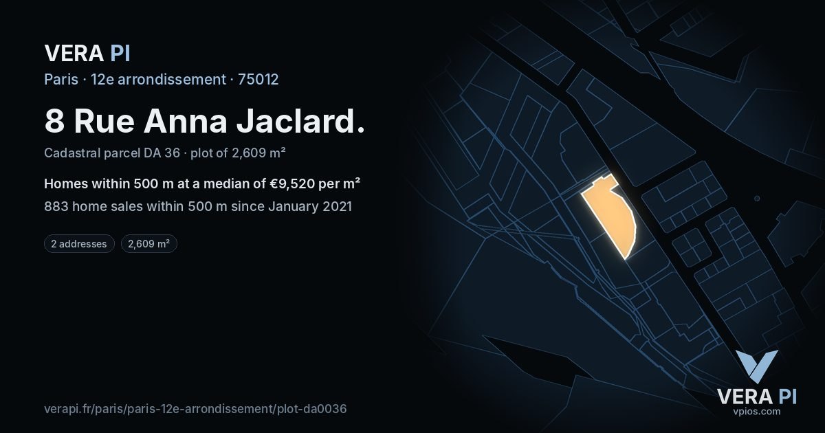 8 Rue Anna Jaclard, 12e arrondissement at night – the plot lit, the parcels around coloured by the prices near them