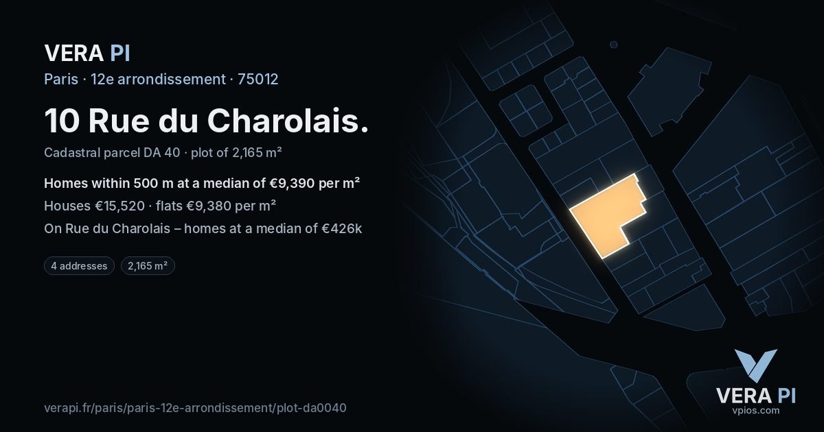 10 Rue du Charolais, 12e arrondissement at night – the plot lit, the parcels around coloured by the prices near them