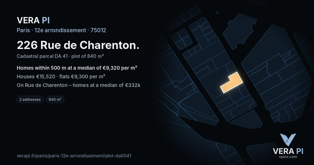 226 Rue de Charenton, 12e arrondissement at night – the plot lit, the parcels around coloured by the prices near them